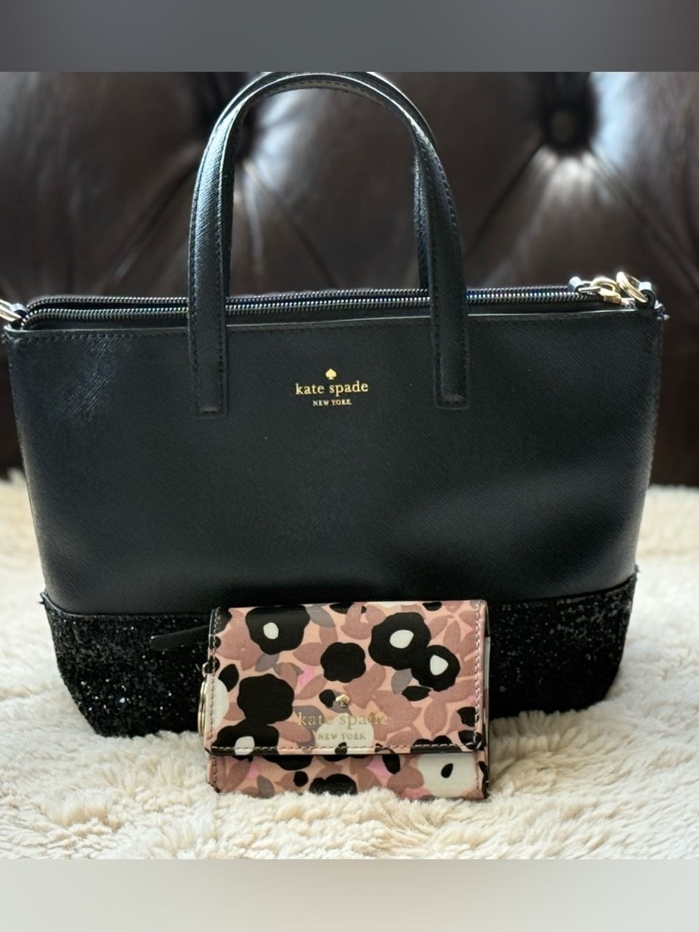 Kate Spade ♠️ 2 Pieces EUC Black Glitter Tote (no strap) + Keychain Wallet